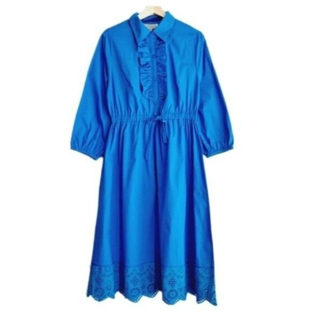 GUILLAUME Shirt Midi Dress w/ Scalloped Eyelet Hem Blue Sz S